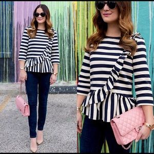 J Crew NWT Asymmetrical Ruffle Striped Top Navy M